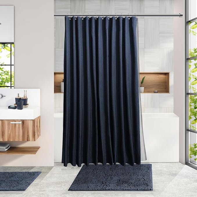 Clara Clark Bathroom Accessories Set - 27PC Bathroom Set with Adhesive Corner Shower Caddy Hanging, Bathroom Sets with Shower Curtain and Rugs, Navy Blue Shower Curtain Set with Bathroom Trash Can