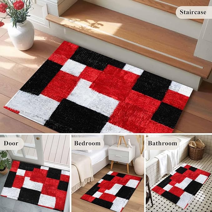 Area Rug 2x3ft, Red Black White Gradient Washable Rugs for Living Room Bedroom, Abstract Color Block Soft Non-Slip Area Rugs Rectangle Floor Carpet for Dining Room