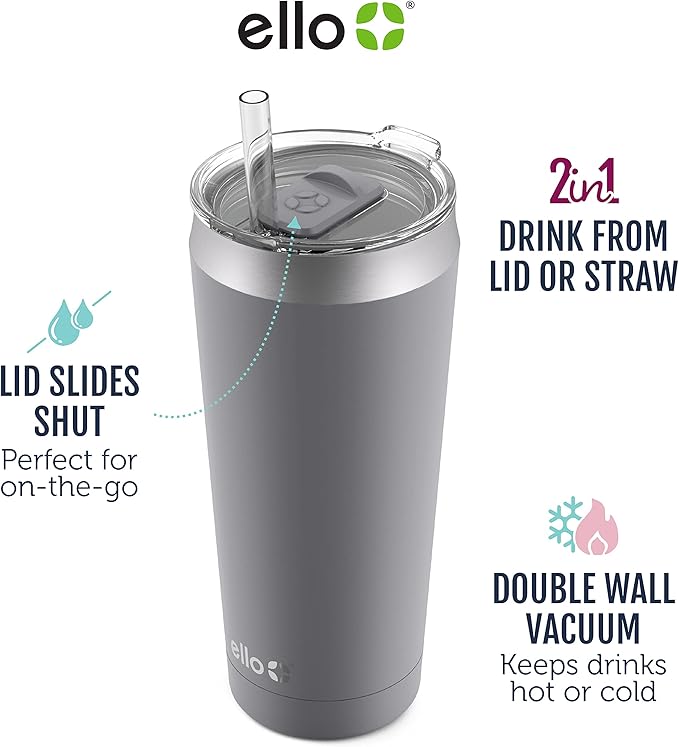Ello Beacon Vacuum Insulated Stainless Steel Tumbler with Slider Lid and Optional Straw, 24 oz, Lavender (Pack of 6)