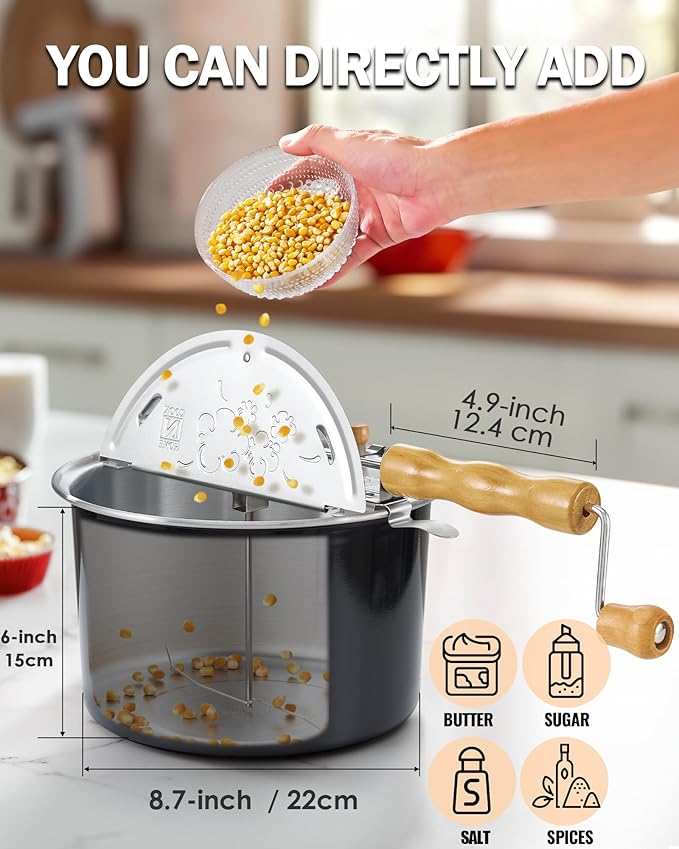 Cook N Home Stovetop Popcorn Popper with Crank, 6-Quart Aluminum Popcorn Pot, Black