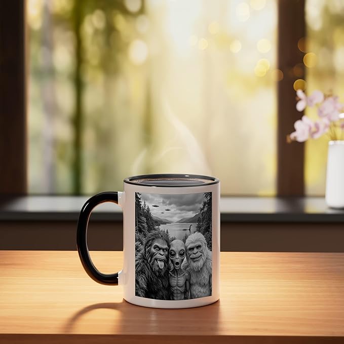 Bigfoot Alien Loch Ness Monster UFO Selfie Funny Cryptid Art Ceramic Mug, Black/White