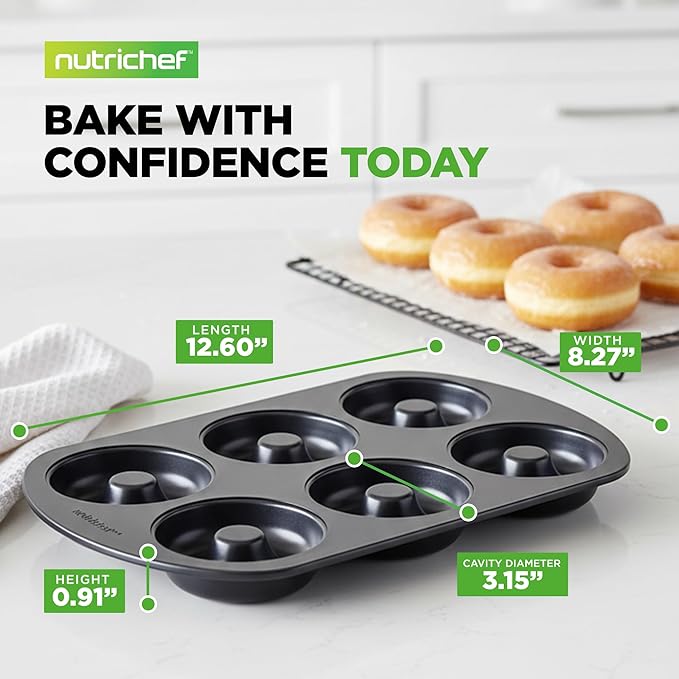 NutriChef Donut Mold | Nonstick Carbon Steel Donut Pan for Baking | 6-Cavity Tray with Bagel Mold Design | Oven Safe up to 450°F | Stainless Steel 12.5 x 8.5 Inch Bakeware | Black