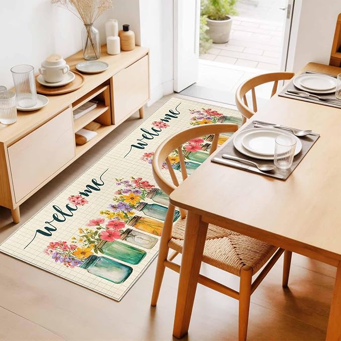 Runner Rug for Bedroom Hallway, Summer Pastoral Flower Buffalo Plaid Kitchen Runner Rugs Area Rug 2x6ft, Rustic Blossom Floral Washable Soft Floor Carpet for Entryway Stair
