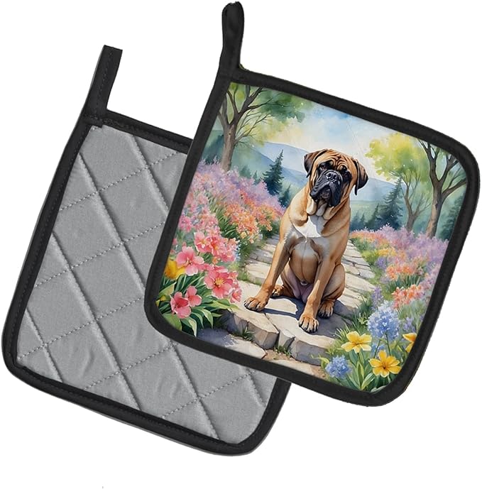 Caroline's Treasures Bullmastiff Spring Path Pair of Pot Holders Kitchen Heat Resistant Pot Holders Sets Oven Hot Pads for Cooking Baking BBQ, 7 1/2 x 7 1/2