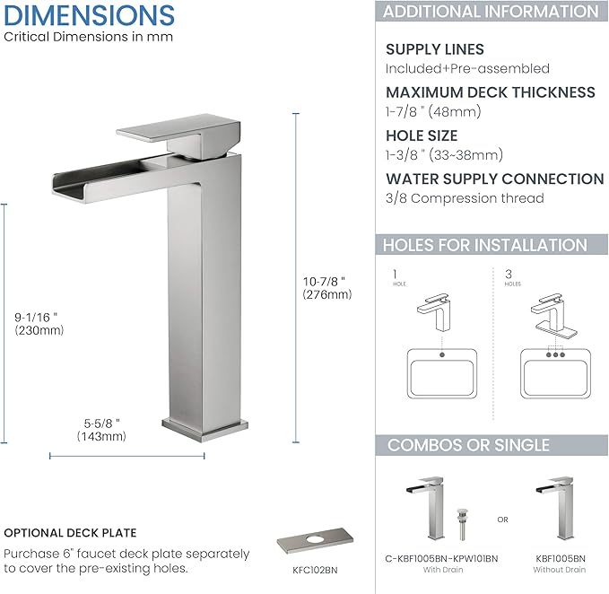 KIBI Waterfall Bathroom Sink Faucet | Single Handle Brass Vanity Faucet with Water Supply Hose | Durable Brass Construction and Smooth Water Flow | Brushed Nickel, KBF1005 (Pop Up Drain Included)