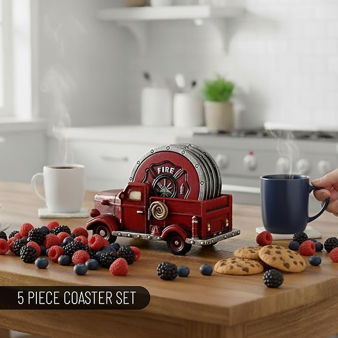 Fire Truck Coaster Set of 5 - Firefighter Kitchen Table Coasters Set Rustic Home Decor Living Room - Firefighter Coaster Sets with Holder Dining Room Decor and Accessories