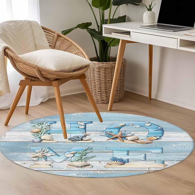 Washable Round Area Rug Summer Ocean Beach Shell Home Quote Circle Rugs Floor Carpet for Living Room Bedroom, Farm Blue Wood Board Soft Non Slip Round Rug 3ft