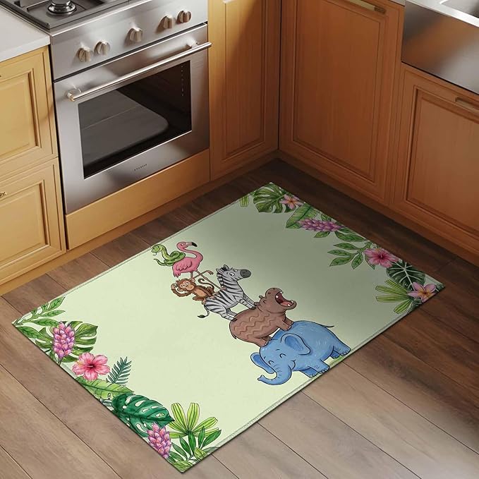 Area Rug 2x3ft, Funny Elephant Zebra Flamingo Washable Rugs for Living Room Bedroom, Tropical Leaves Floral Soft Non-Slip Area Rugs Rectangle Floor Carpet for Dining Room