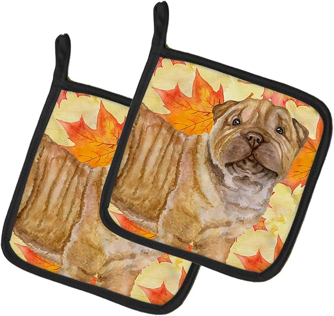 Caroline's Treasures BB9980PTHD Shar Pei Puppy Fall Pair of Pot Holders, Yellow Kitchen Heat Resistant Pot Holders Sets Oven Hot Pads for Cooking Baking BBQ, 7 1/2 x 7 1/2