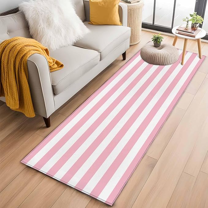 Runner Rug for Bedroom Hallway, Pink White Stripe Kitchen Runner Rugs Area Rug 2x6ft, Classic Geometric Line Washable Soft Floor Carpet for Entryway Stair
