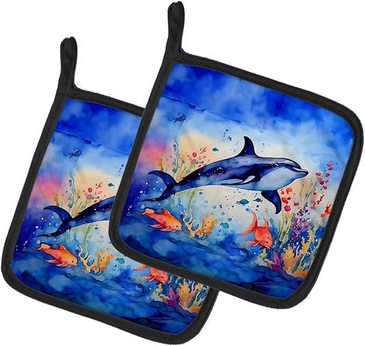 Caroline's Treasures Dolphin Pair of Pot Holders Kitchen Heat Resistant Pot Holders Sets Oven Hot Pads for Cooking Baking BBQ, 7 1/2 x 7 1/2
