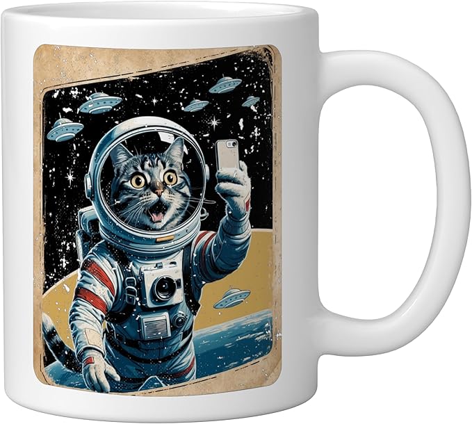 Space Cat Astronaut UFO Funny Sci-fi Alien Selfie Ceramic Mug, White
