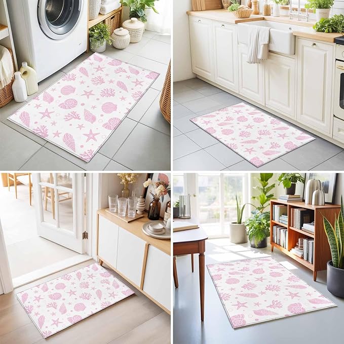 Area Rug 2x3ft, Pink Ocean Shell Conch Coral Starfish Washable Rugs for Living Room Bedroom, Summer Marine Theme Soft Non-Slip Area Rugs Rectangle Floor Carpet for Dining Room