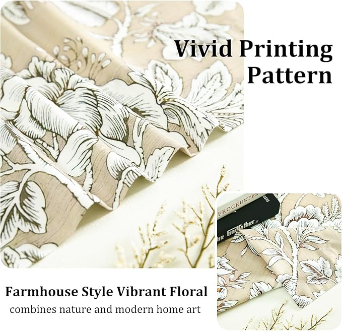Leeva Vintage Floral Valance for Windows - Light Filtering Linen Textured Window Treatment with Rod Pocket, Farmhouse Decorative Curtain for Kitchen & Bedroom, 52" W x 12" L, 1 Panel