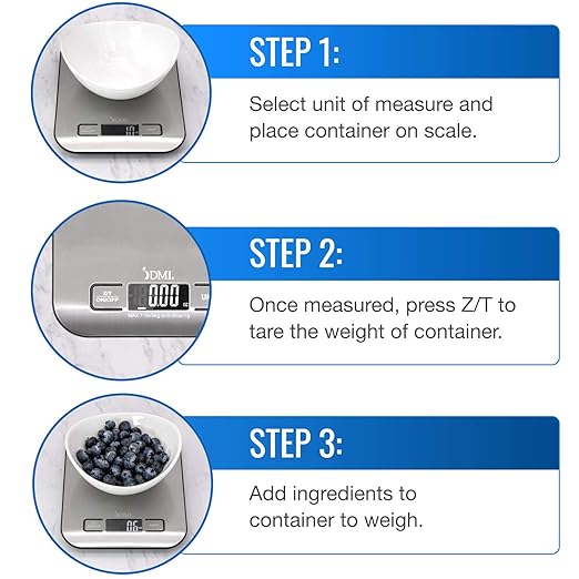 DMI Digital Food Scale and Kitchen Scale for Cooking, Baking and Meal Prep, Withstands up to 11 Pounds of Weight, Measures units between oz, g, mL, lb, oz, 304 Stainless Steel