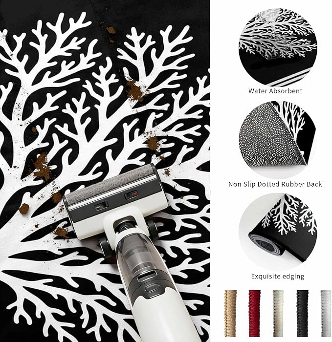 Washable Round Area Rug Coastal Coral Reef Texture Circle Rugs Floor Carpet for Living Room Bedroom, Ocean Theme Black White Soft Non Slip Round Rug 5ft