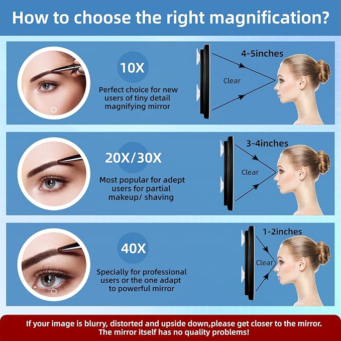 10X Magnifying Mirror with Lights, 10x Magnified Mirror with 3 Suction Cups, 3 Color Dimmable Lighted Makeup Magnification 6inch Travel 10X Magnification with Tweezers & Scissors