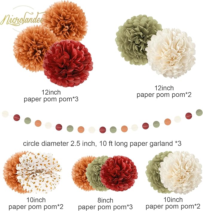 NICROLANDEE Fall Wedding Decorations - 15 PCS Pumpkin Orange Sage Green Ivory Tissue Pom Poms Decor, Dots Paper Garland for Thanksgiving, Baby Shower, Autumn Harvest Party Supplies