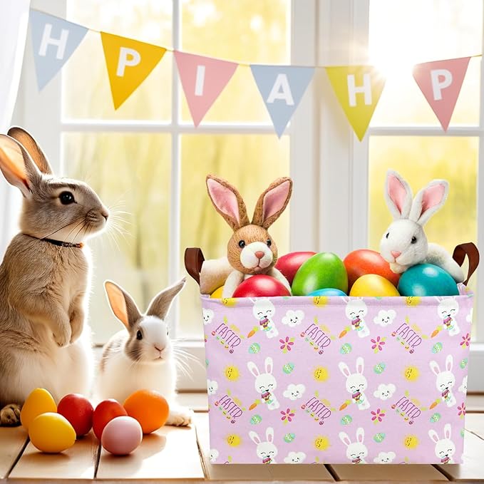Large Rectangular Cute Kid Easter Basket Empty Bunny Eggs Easter Basket Gift Spring Room Storage Organizer Décor (Sun Cloud Rabbit Easter Egg)