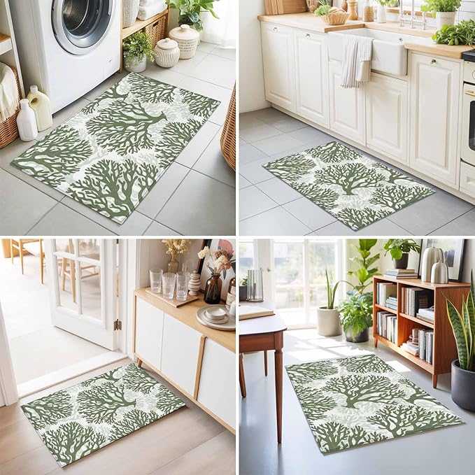 Area Rug 2x3ft, Deep Forest Green Corals Washable Rugs for Living Room Bedroom, Retro Marine Life Soft Non-Slip Area Rugs Rectangle Floor Carpet for Dining Room