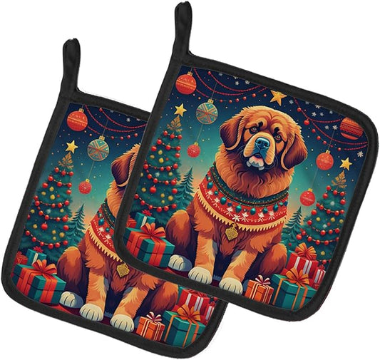 Caroline's Treasures Tibetan Mastiff Christmas Pair of Pot Holders Kitchen Heat Resistant Pot Holders Sets Oven Hot Pads for Cooking Baking BBQ, 7 1/2 x 7 1/2