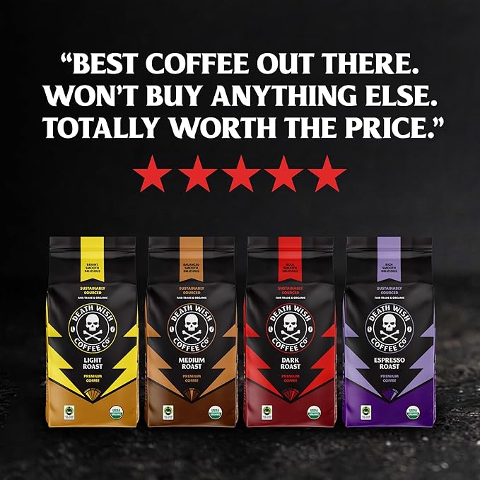 Death Wish Coffee Dark Roast Whole Bean -16 Oz, 2 Packs of Bold & Intense Blend of Arabica & Robusta Beans - USDA Organic - Pack of 2