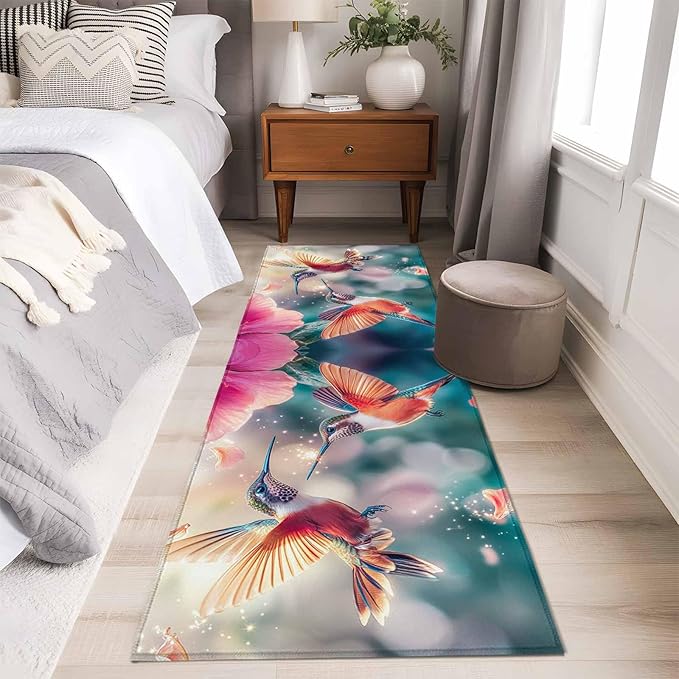 Runner Rug for Bedroom Hallway, Spring Hummingbird Pink Petals Flowers Kitchen Runner Rugs Area Rug 2x6ft, Dreamlike Animal Focus Scenery Washable Soft Floor Carpet for Entryway Stair
