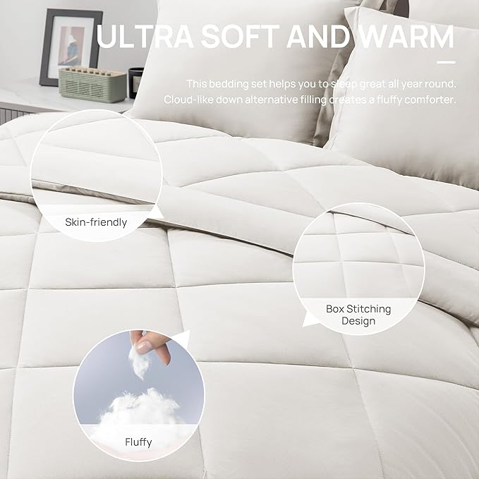 Love's cabin Twin XL Comforter Set Off White, 5 Pieces Twin XL Bed in a Bag, All Season Bedding Sets with 1 Comforter, 1 Flat Sheet, 1 Fitted Sheet, 1 Pillowcase and 1 Pillow Sham | Soft, Breathable, Lightweight, Comfortable