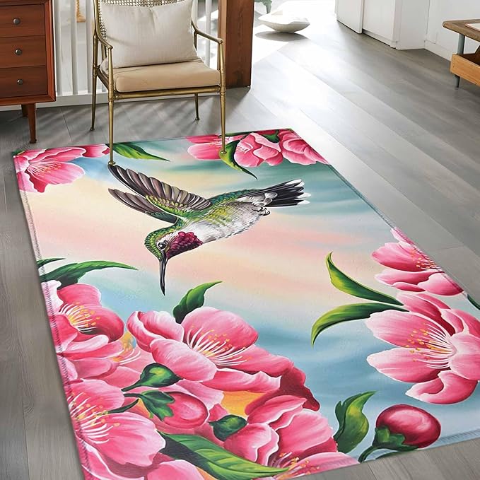 Area Rug 3x5ft, Hummingbird Flower Peach Blossom Washable Rugs for Living Room Bedroom, Nature Oil Painting Art Soft Non-Slip Area Rugs Rectangle Floor Carpet for Dining Room