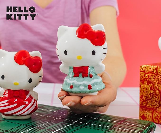 Silver Buffalo Sanrio Hello Kitty 3D Sculpted Festive Christmas Tree and Candy Cane Holiday Salt and Pepper Shaker Set