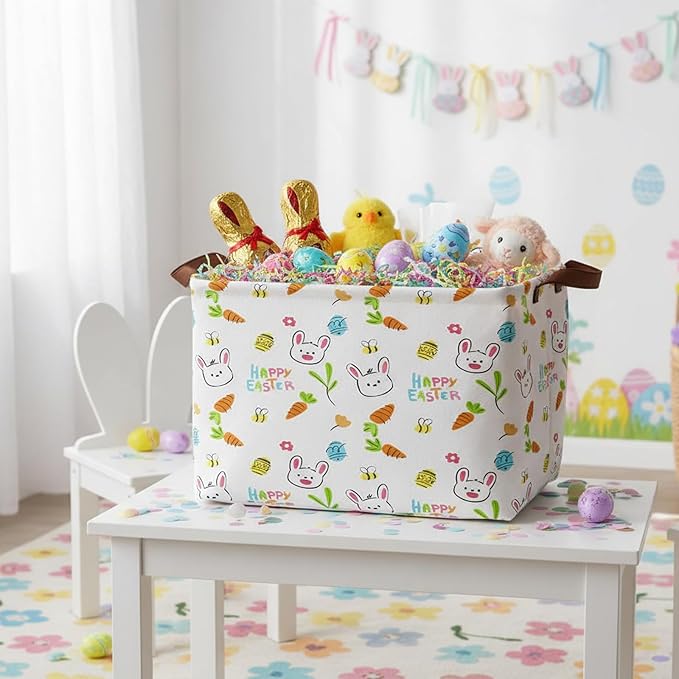 Large Rectangular Cute Kid Easter Basket Empty Bunny Eggs Easter Basket Gift Spring Room Storage Organizer Décor (E-12)