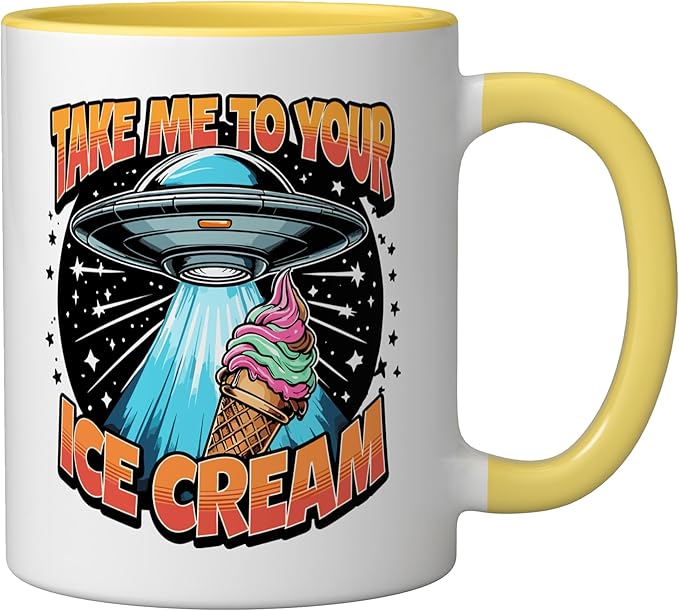 Take Me to Your Ice Creams UFO Abduction Funny Ice Cream Ceramic Mug, Yellow/White