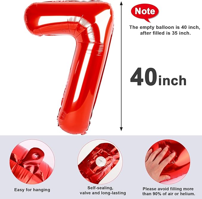 Number Balloons 40 In, 7 Balloons Numbers Birthday Decorations for Women Men, Red Birthday Party Decorations Big Balloons for 17 27 37 Wedding, Celebration Party, Graduations