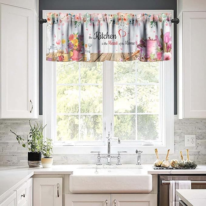 Floral Kitchen Valance Curtain, Watercolor Pink Flower Dessert Baking Tools Farmhouse Short Window Treatment for Dining Room Cafe Resturant Afternoon Tea Bedroom Home Decor, 54x18Inch