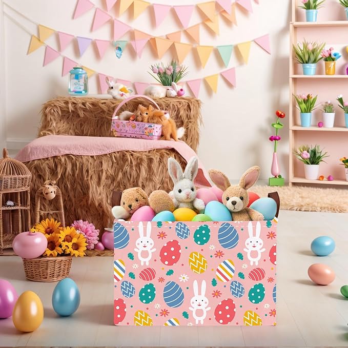 Kid Large Empty Easter Basket Gift Personalized Fabric Bunny Easter Basket for Boy and Girl Room Decor Storage Bin (Rabbit Easter Egg Pink Flower)