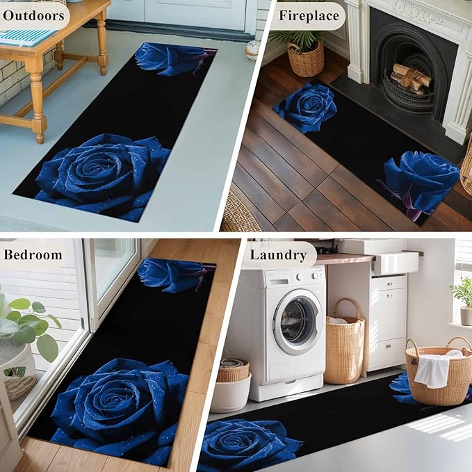 Runner Rug for Bedroom Hallway, Abstract Garden Blue Rose Kitchen Runner Rugs Area Rug 2x6ft, Classic Country Floral Washable Soft Floor Carpet for Entryway Stair