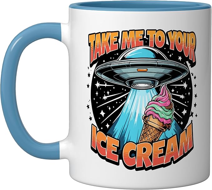 Take Me to Your Ice Creams UFO Abduction Funny Ice Cream Ceramic Mug, Blue/White