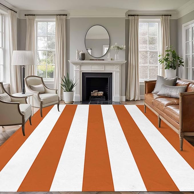 Area Rug 6x9ft, Farmhouse Classic Stripes Washable Rugs for Living Room Bedroom, Orange White Soft Non-Slip Area Rugs Rectangle Floor Carpet for Dining Room