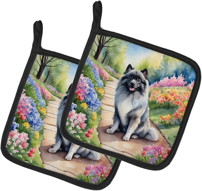 Caroline's Treasures Keeshond Spring Path Pair of Pot Holders Kitchen Heat Resistant Pot Holders Sets Oven Hot Pads for Cooking Baking BBQ, 7 1/2 x 7 1/2