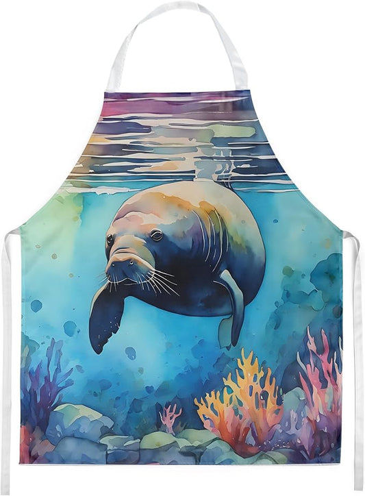 Caroline's Treasures Manatee Apron Cooking Kitchen Server Baking Crafts Gardening for Adult Women Men, Unisex, Large, Multicolor