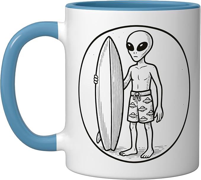 Alien with Surfboard Ceramic Mug, Blue/White