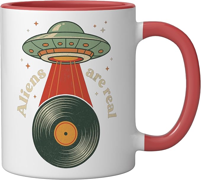 Vintage UFO Abduction Vinyl Record Player Retro Music Lover Ceramic Mug, Red/White