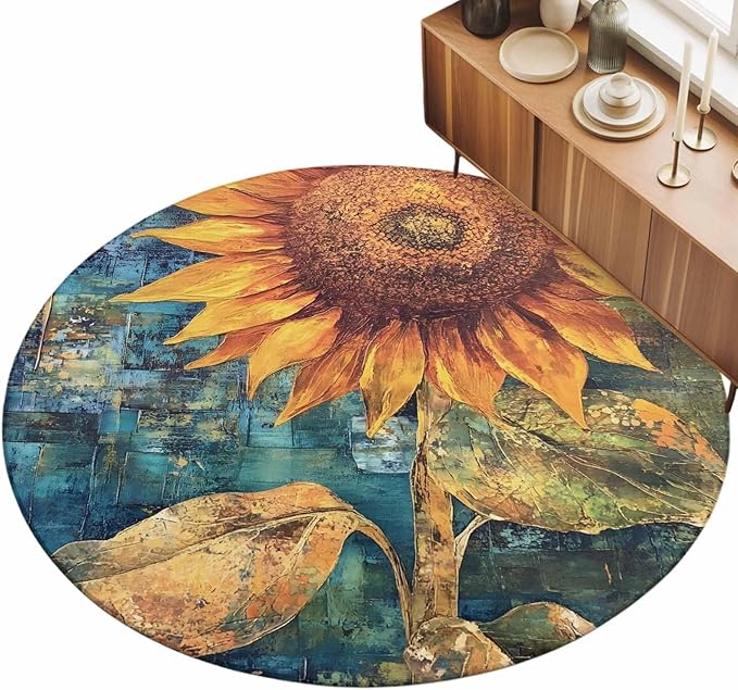 Washable Round Area Rug Rustic Golden Sunflower on Teal Blue Circle Rugs Floor Carpet for Living Room Bedroom, Abstract Floral Soft Non Slip Round Rug 5ft