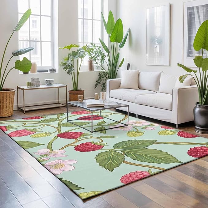 Area Rug 3x5ft, Farmhouse Berry Red Pink Blossoms Flower Washable Rugs for Living Room Bedroom, Green Leaves Soft Non-Slip Area Rugs Rectangle Floor Carpet for Dining Room