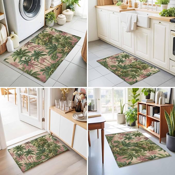 Area Rug 2x3ft, Exotic Forest Green Pink Palms Tree Washable Rugs for Living Room Bedroom, Vintage Botantical Soft Non-Slip Area Rugs Rectangle Floor Carpet for Dining Room