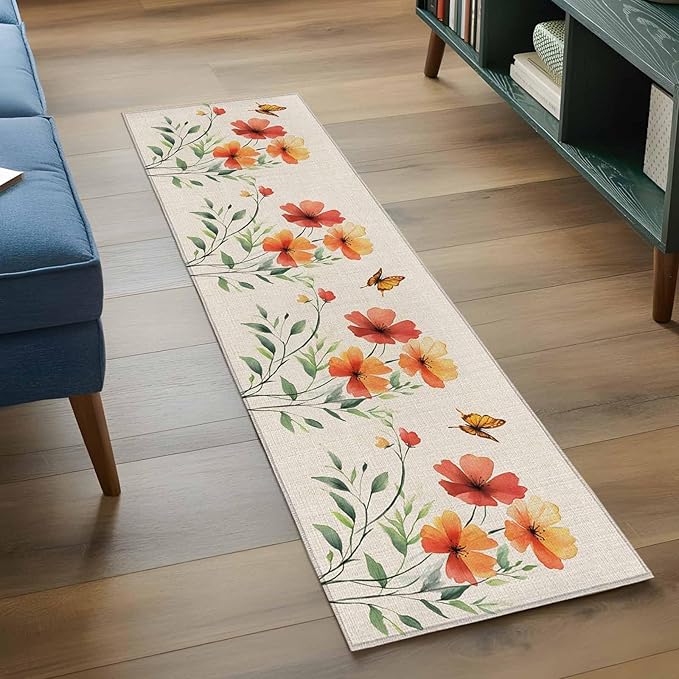 Runner Rug for Bedroom Hallway, Summer Watercolor Flower Butterfly Kitchen Runner Rugs Area Rug 2x6ft, Green Leaves Retro Linen Washable Soft Floor Carpet for Entryway Stair