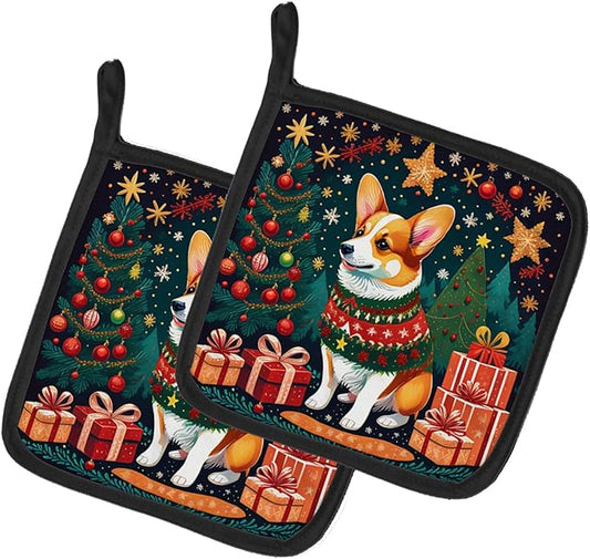 Caroline's Treasures Corgi Christmas Pair of Pot Holders Kitchen Heat Resistant Pot Holders Sets Oven Hot Pads for Cooking Baking BBQ, 7 1/2 x 7 1/2