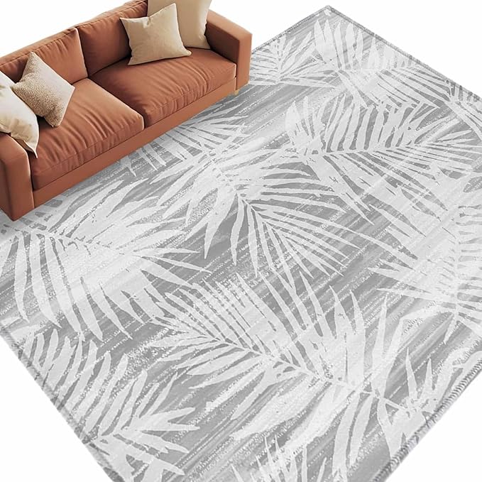 Area Rug 9x12ft, Modern Gray Palm Leaves Washable Rugs for Living Room Bedroom Rectangle Floor Carpet, Boho Tropical Leaves Soft Non-Slip Area Rugs for Dining Room