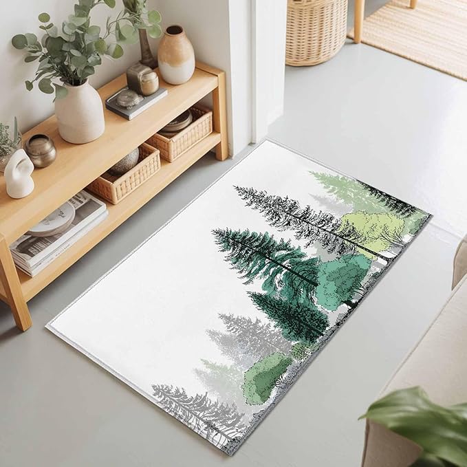 Area Rug 2x3ft, Minimalist Pine Tree Washable Rugs for Living Room Bedroom, Farmhouse Watercolor Plants Soft Non-Slip Area Rugs Rectangle Floor Carpet for Dining Room