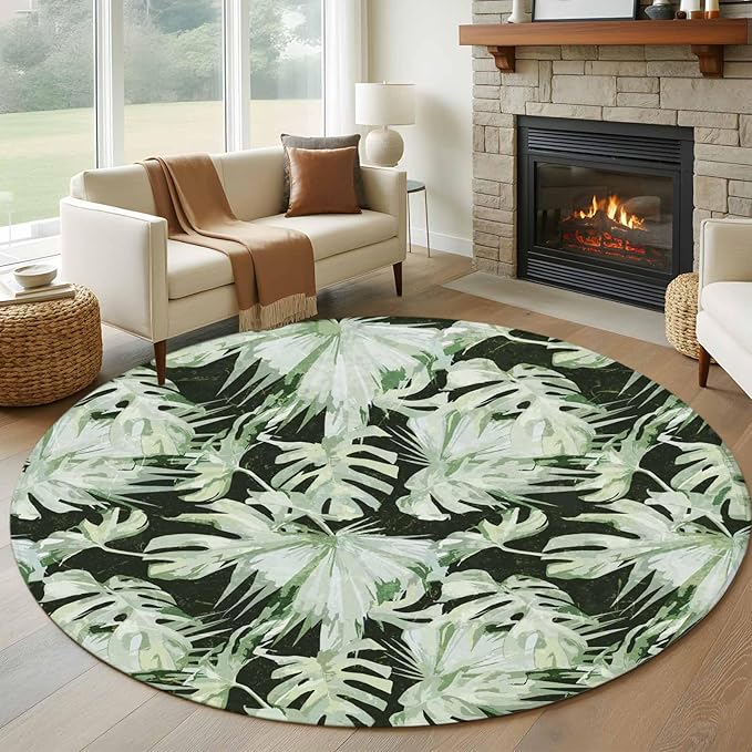 Washable Round Area Rug Abstract Dark Green Palm Leaves Circle Rugs Floor Carpet for Living Room Bedroom, Watercolor Plants Soft Non Slip Round Rug 5ft